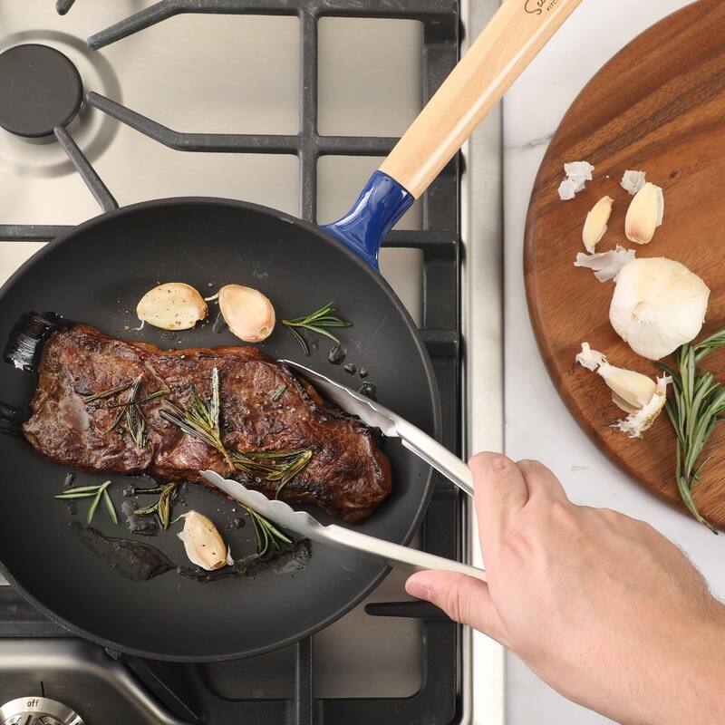 Sur La Table Kitchen Essential 9.5 Inch Pre-Seasoned Cast Iron Skillet with Wood Handle Natural Nonstick Lightweight Cast Iron