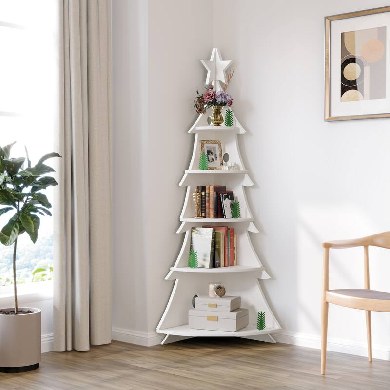 Bookshelf 5-Tier Corner Bookshelf, Solid Wood Bookcase - 71.1"