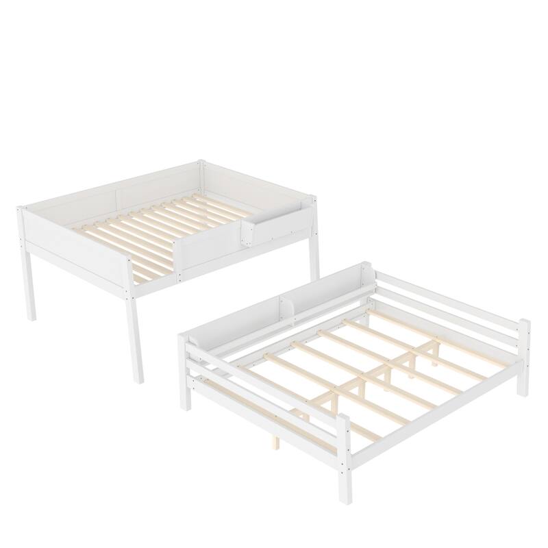 Queen Bunk Bed With Storage Shelf and Bookshelf,Wood Bunk Bed with Ladder and Guardrails,Detachable Design