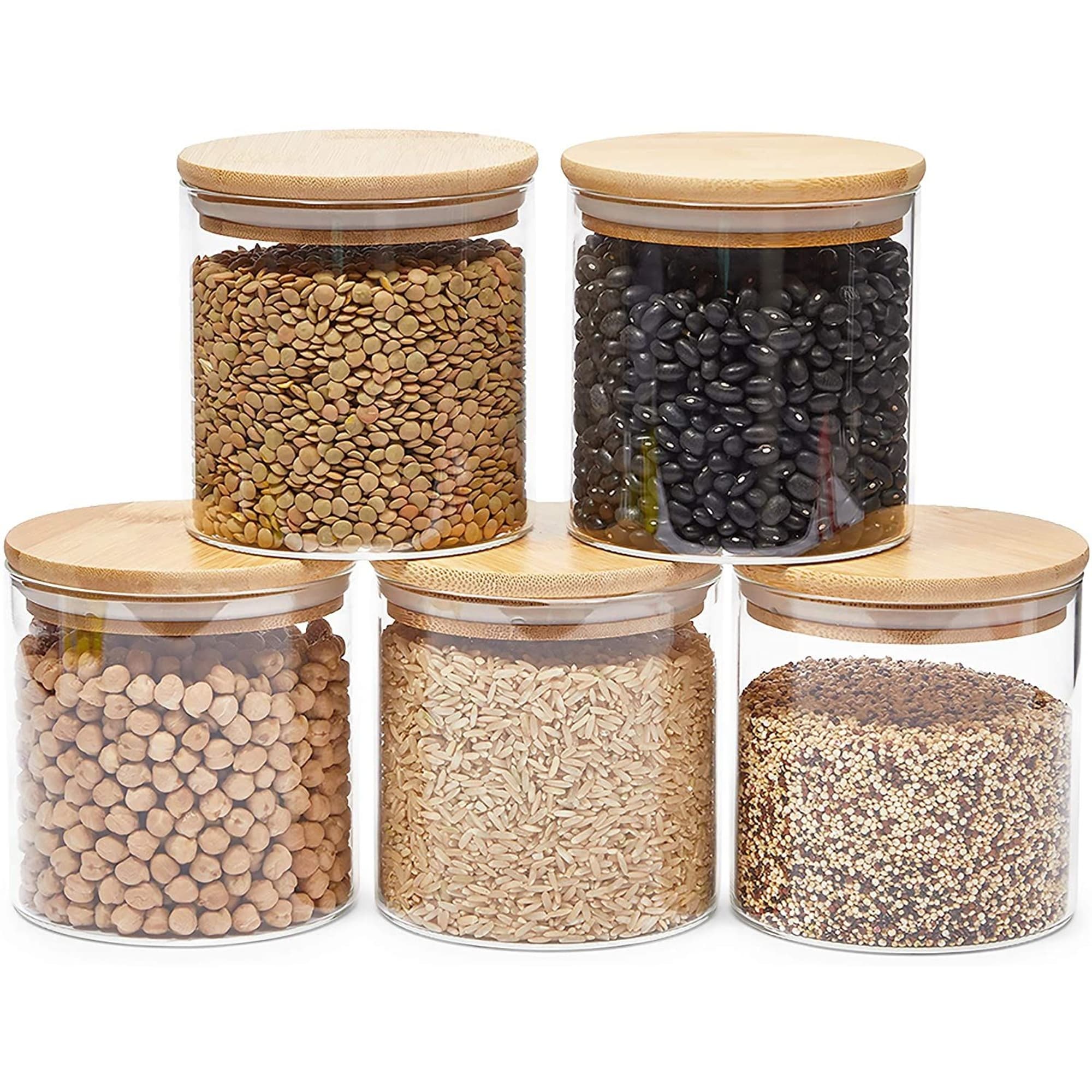 Set of 5 Glass Storage Containers with Bamboo Lids, Airtight Kitchen  Canisters in 5 Sizes