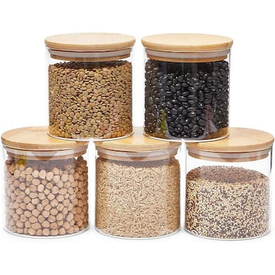 Glass Canisters with Airtight Bamboo Lids for Pantry Storage (4 x 4.13 In, 5 Pack)