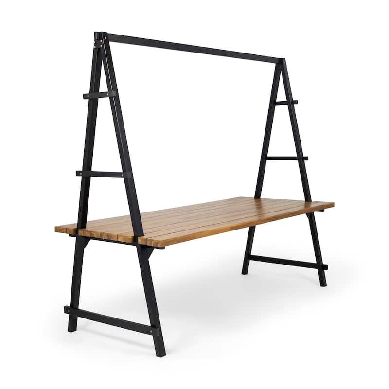 Jo Outdoor Pergola Table, Black Metal Frame, Slatted Teak Brown Wood