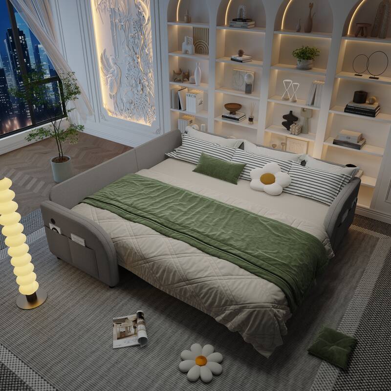 85" L-Shaped Convertible Sleeper Sofa with Pull-Out Bed, Teddy Upholstery & USB Ports