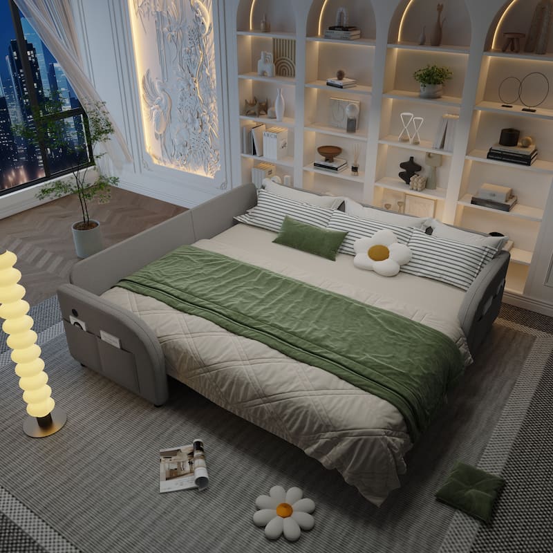 Sectional Sleeper Sofa with Pull Out Bed, Convertible Teddy Fabric Couch with Side Pockets & USB Ports, L Shaped Modular Couches