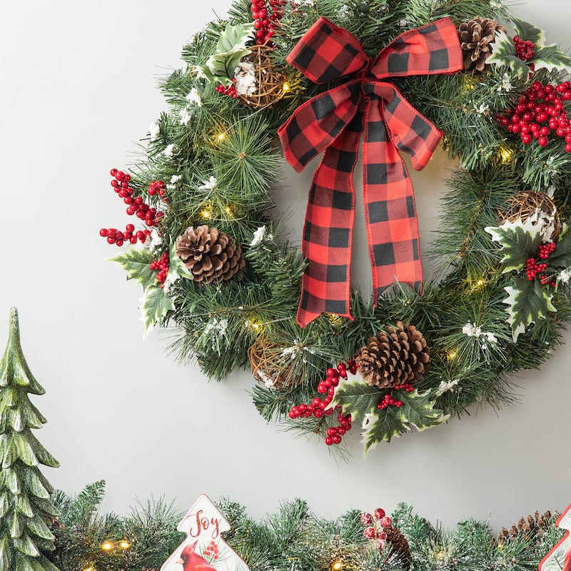 Glitzhome 24"D Snow Berry Twig Ball Pinecone Holly Pine Wreath with Lights & Timer