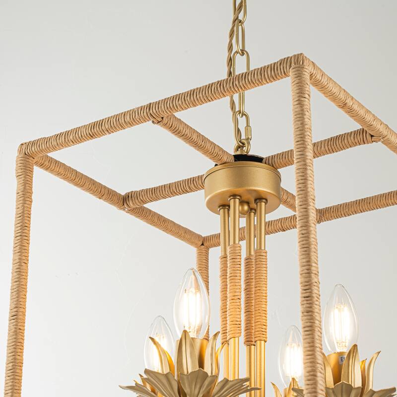 Mila 4-Light Gold Woven Rattan Chandelier - 13 In. Wide