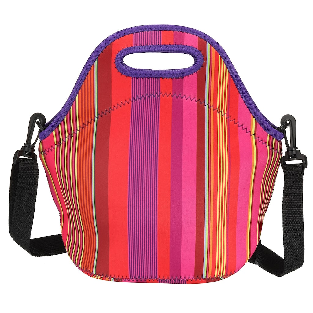 Neoprene Lunch Tote Bag with Shoulder Strap, Thin Vertical Stripe Pattern - Multicolor Stripe Pattern