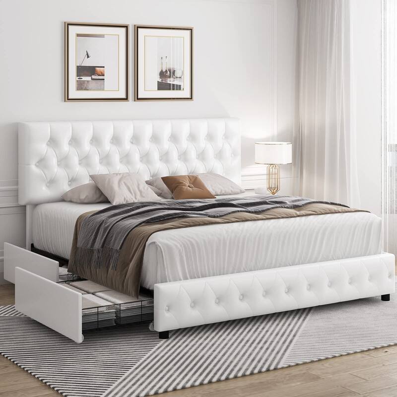 Modern Upholstered Bed Frame with 4 Drawers, Button Tufted Headboard Design, Solid Wooden Slat Support, Easy Assembly - White
