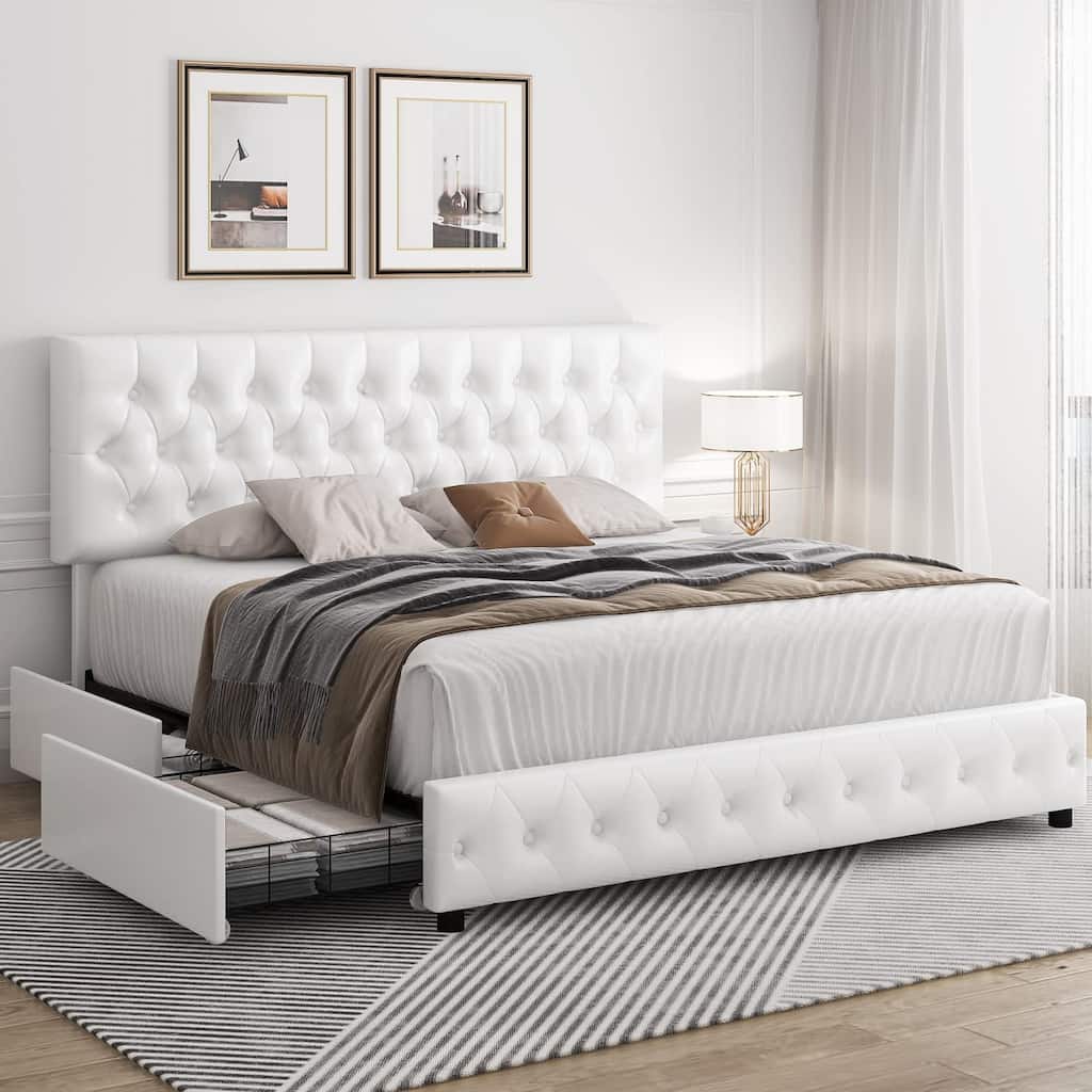 Modern Upholstered Bed Frame with 4 Drawers, Button Tufted Headboard Design, Solid Wooden Slat Support, Easy Assembly