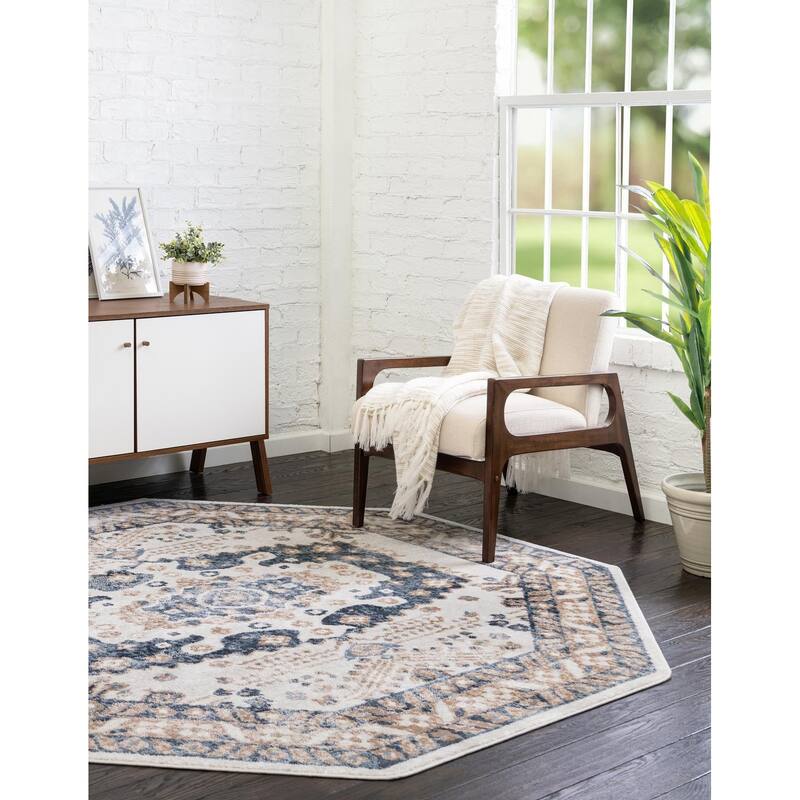 Contemporary Trabzon Collection Area Rug - Ivory-Blue - 7'x7' Octagon