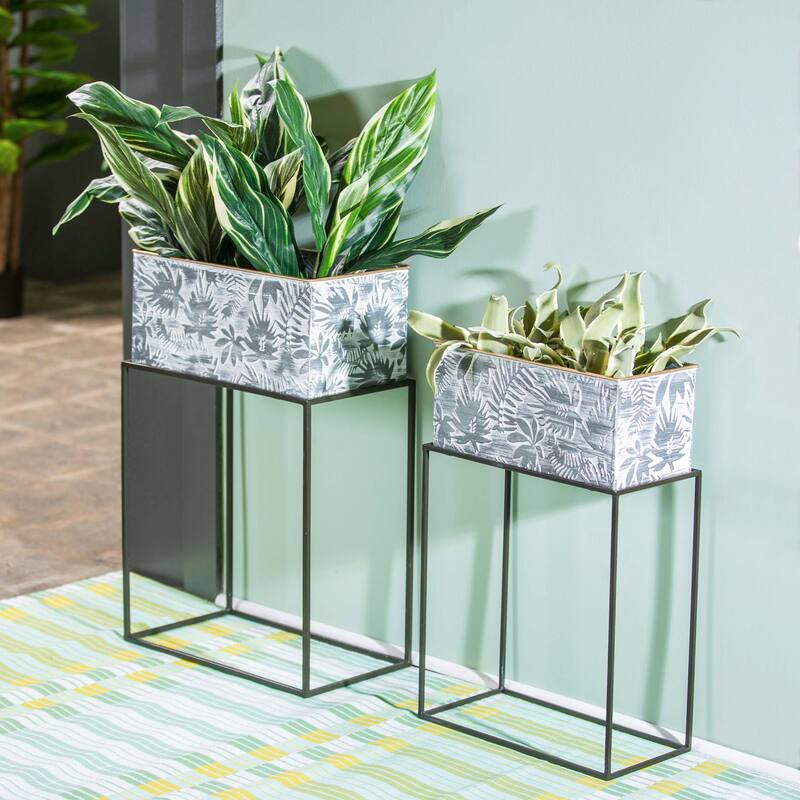 Metallic Embossed Floral Planters, (Set of 2)
