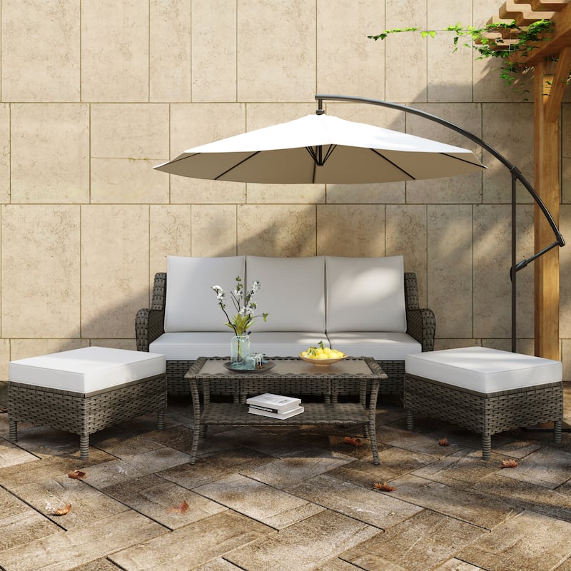 Outdoor 6-Piece Rattan Wicker Sectional Sofa Set With Cushion - Brown Frame/Table - Beige/Brown