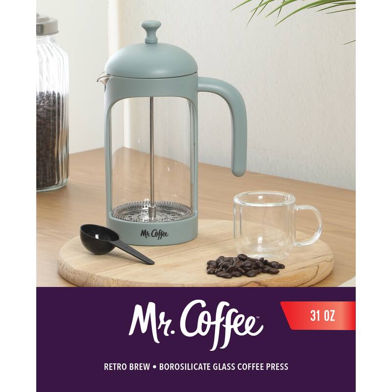 Mr. Coffee French Press Coffee Maker, 31 oz Borasilicate Glass & Frame and Plunger, Includes Coffee Scoop