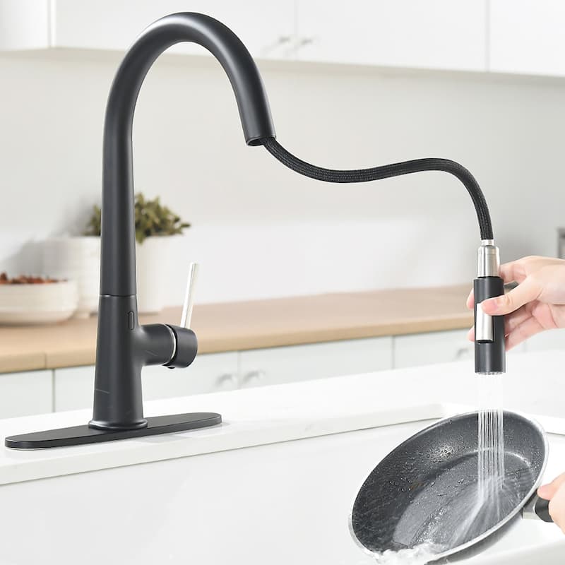 Matte Black Touchless Pull-Out Single-Handle Kitchen Faucet with Deck Plate