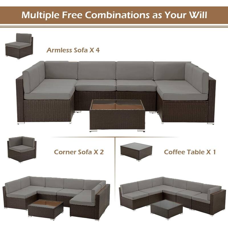 AECOJOY 7 Pieces Outdoor Sectional Sofa Wicker Rattan Conversation Set