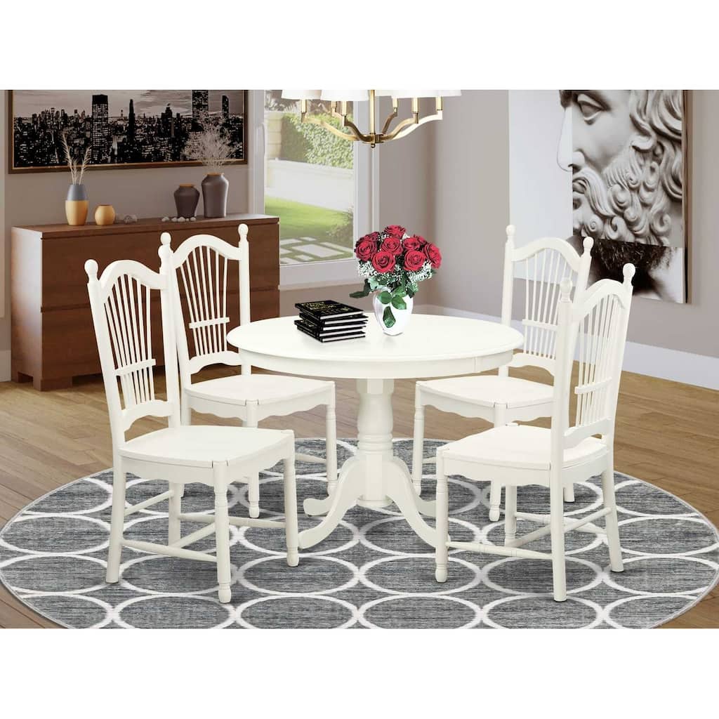 HomeStock 5-Pc Round Linen White Finish Solid Wood Top Dining table with 4 Chairs