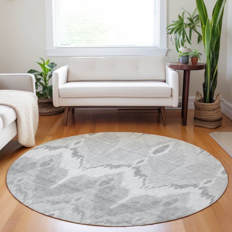 Premium Washable Super Soft Modern Ikat Mayfield Rug - Silver - 8' x 8' - Round