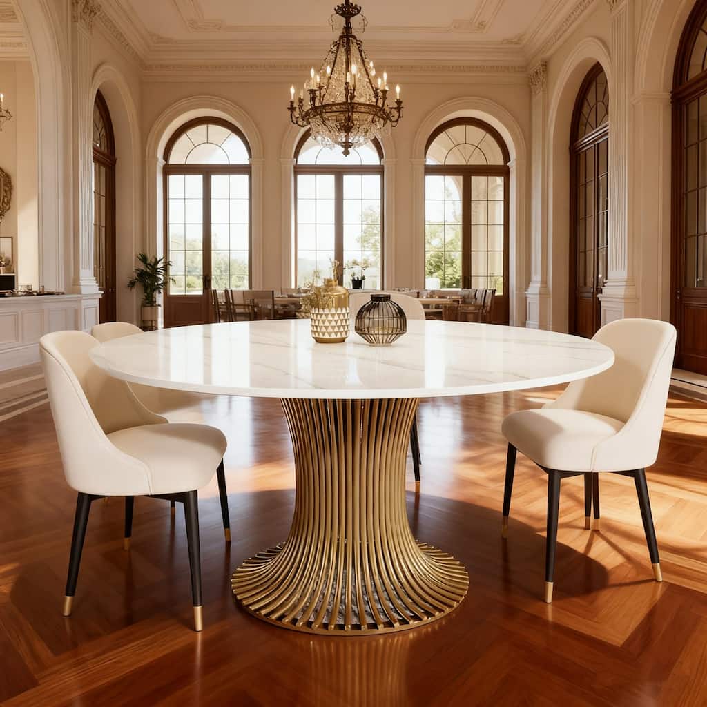 Modern Sintered Stone Round Dining Table With Gold Stainless Steel Pedestal For 6 People - Gold and White