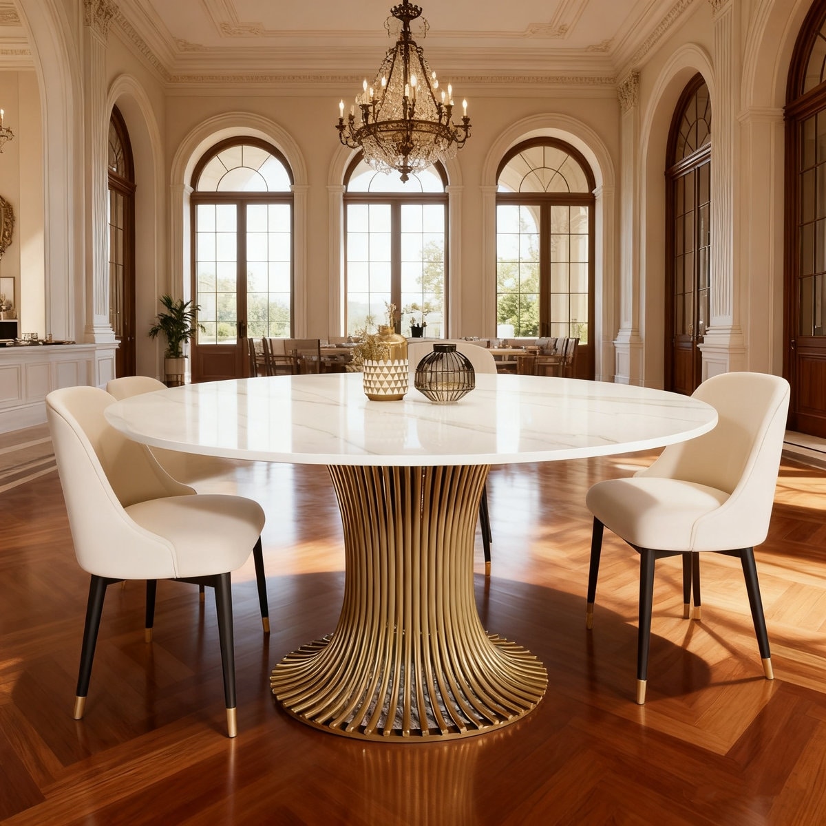 Modern Sintered Stone Round Dining Table With Gold Stainless Steel Pedestal For 6 People