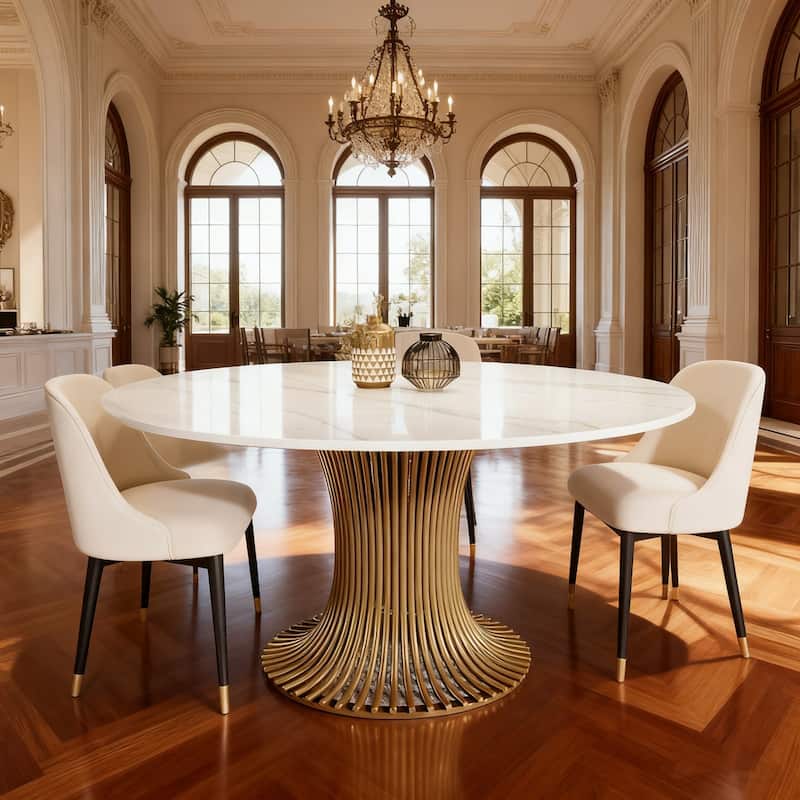 Modern Sintered Stone Round Dining Table With Gold Stainless Steel Pedestal For 6 People - Gold and White - Gold and White