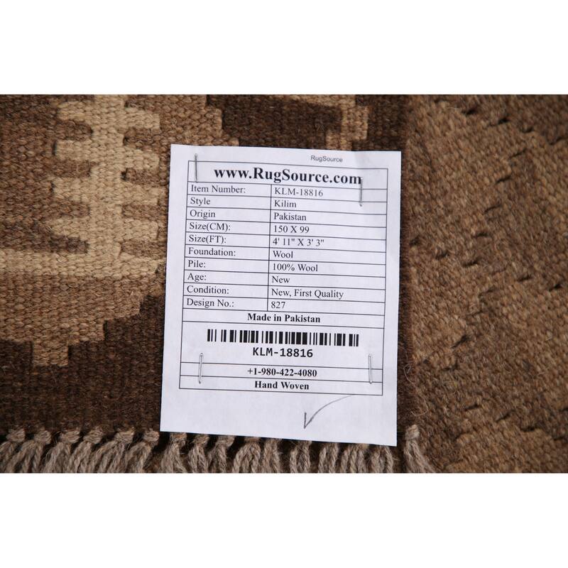 Reversible Brown Kilim Oriental Area Rug Hand-woven Wool Carpet - 3'3" x 4'11"