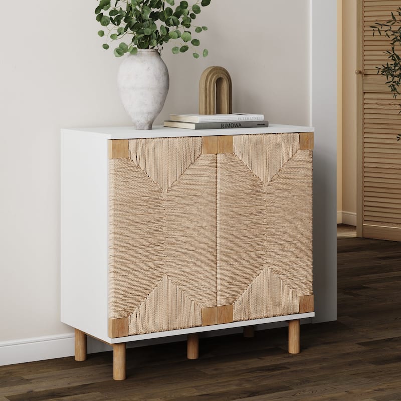 Nathan James Beacon Wood Accent Cabinet with Seagrass Doors and Adjustable Shelf - White