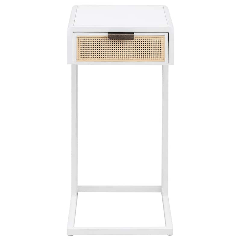 Lanie Side C Table, 1 Drawer, Sleek White Metal Frame, Faux Rattan