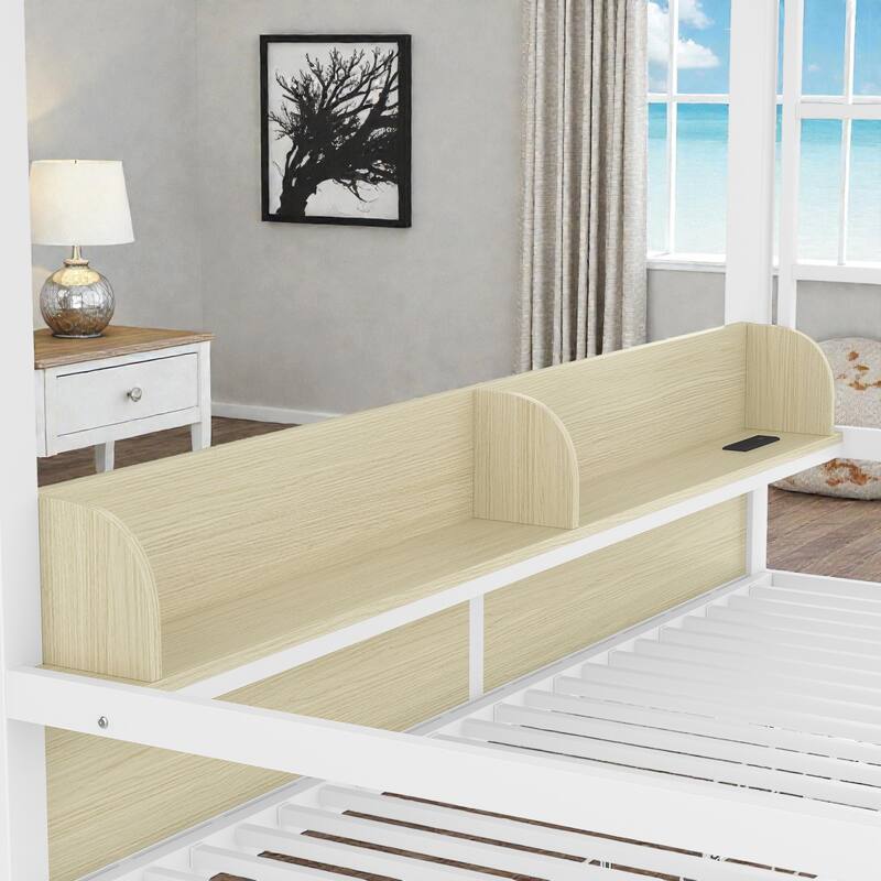 Metal Bunk Bed with Storage Shelves, Drawers, USB Ports, LED Lights & Convertible Lower Bed Sofa Design