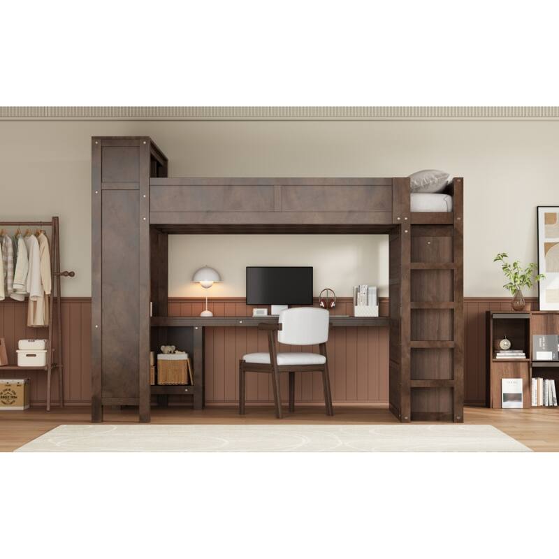 Roomfitters Queen Loft Bed with Wardrobe, Desk, Storage Headboard and USB