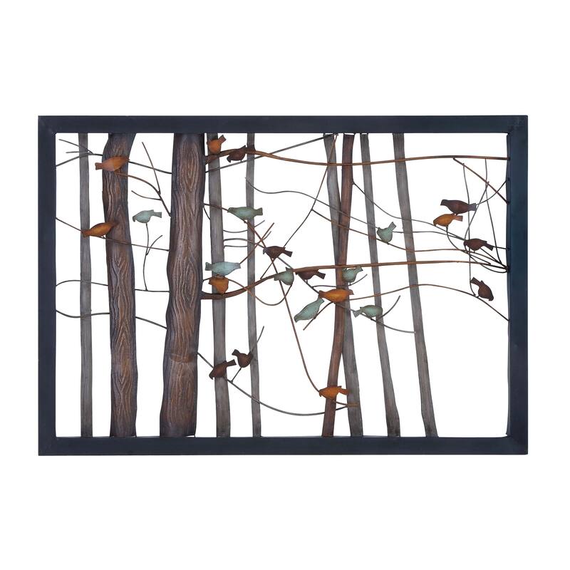 Multi Colored Metal Cutout Bird Home Wall Decor with Tree Branch Accents and Black Metal Frame