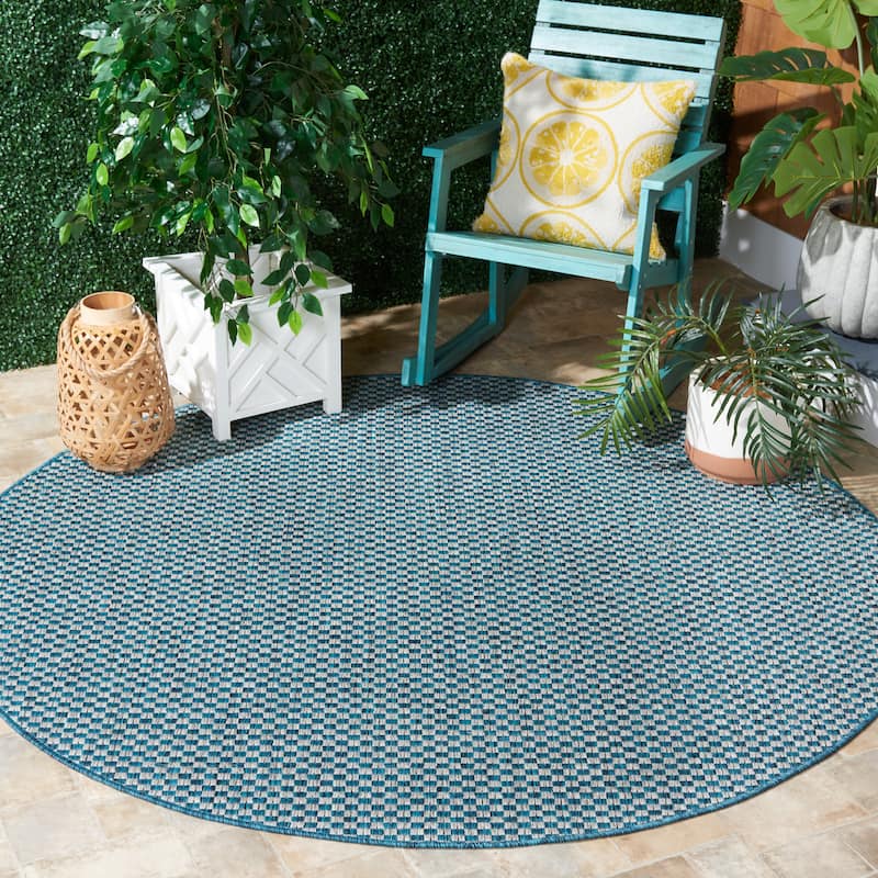 SAFAVIEH Courtyard Judi Indoor/ Outdoor Patio Backyard Rug - 7'10" Round - Turquoise/Light Grey