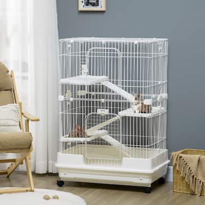 White Multi-Level Bunny Hutch with Top and Front Doors Safe Wire Bars Removable Tray Wheels - 32"L x 20.75"W x 43.25"H