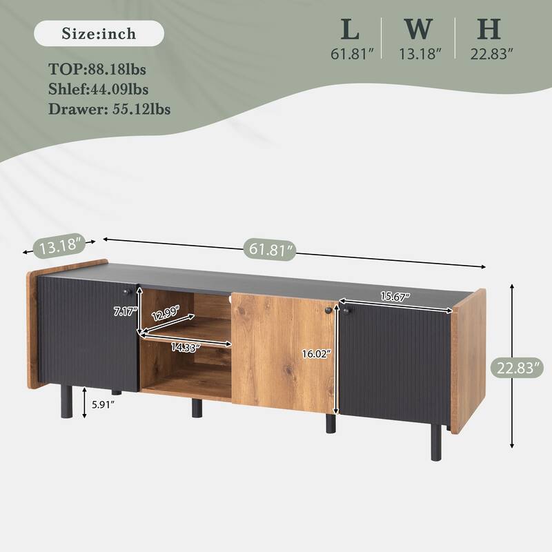 61" Mid-Century Modern TV Stand with 3 Cabinets & 2 Open Compartments - Media Console for TVs Up to 70"