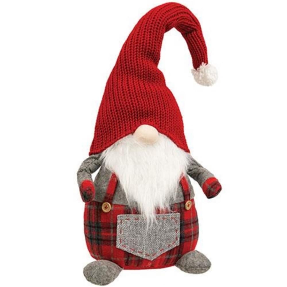 Large Winter Plaid Overalls Gnome with Fuzzy White Beard and Bead Bottom - 31”H x 10”W x 7.25”D