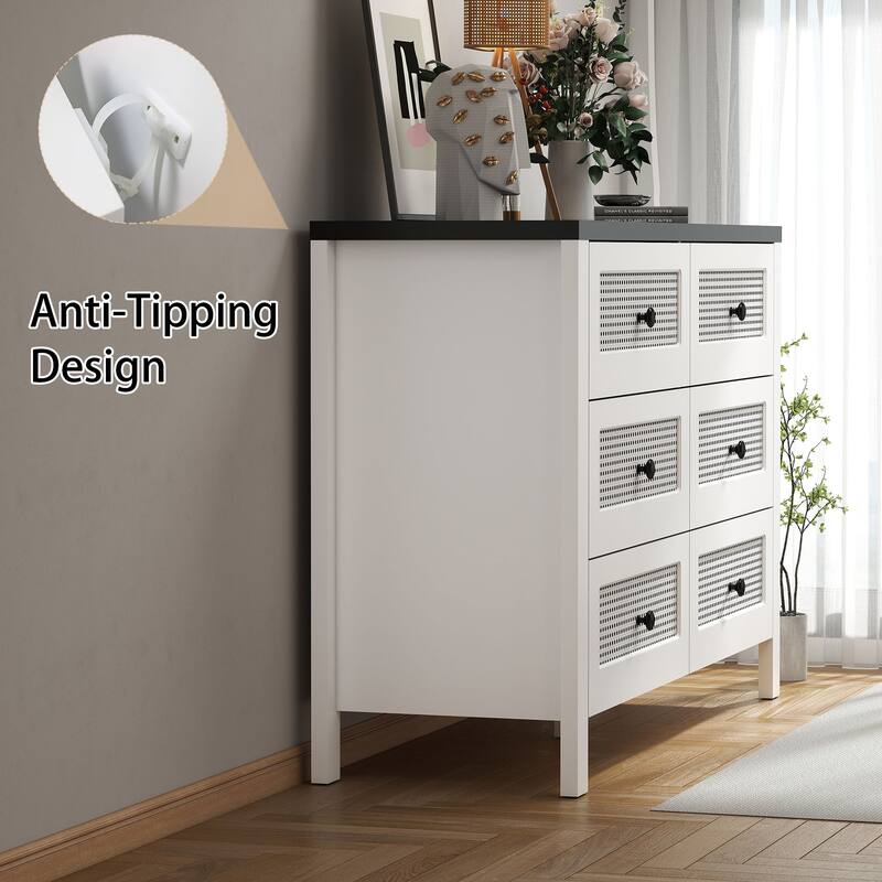 Fluted 6 Drawer Dresser for Bedroom, 47.2 Inch Wide Modern Wooden Chest of Drawers with Metal Handles