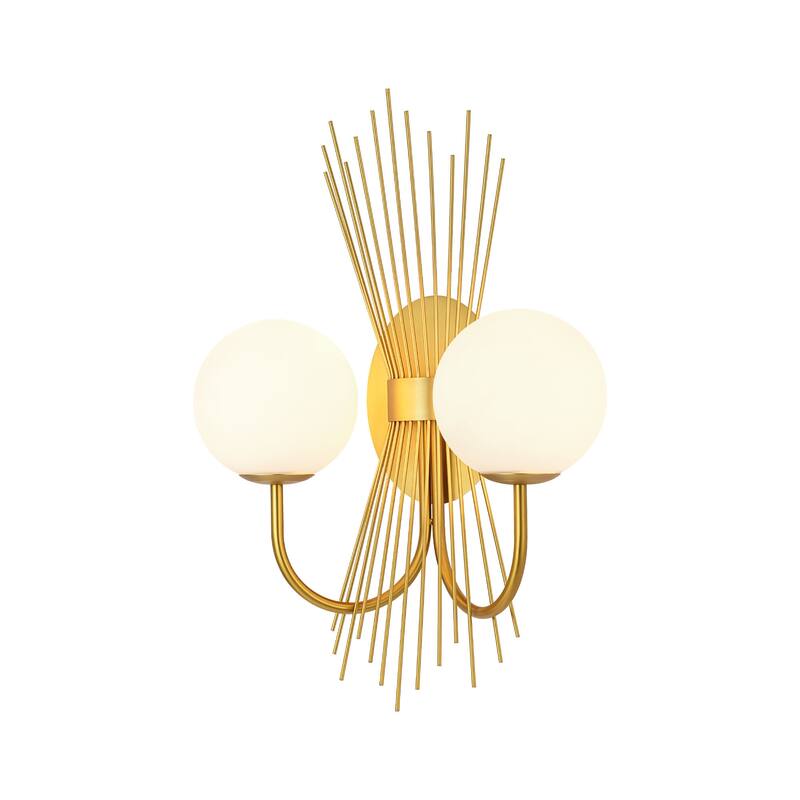 18.9" W 2-Light Mid-Century Modern Brushed Gold Sunburst Sputnik Wall Sconce with Milk Glass Globes