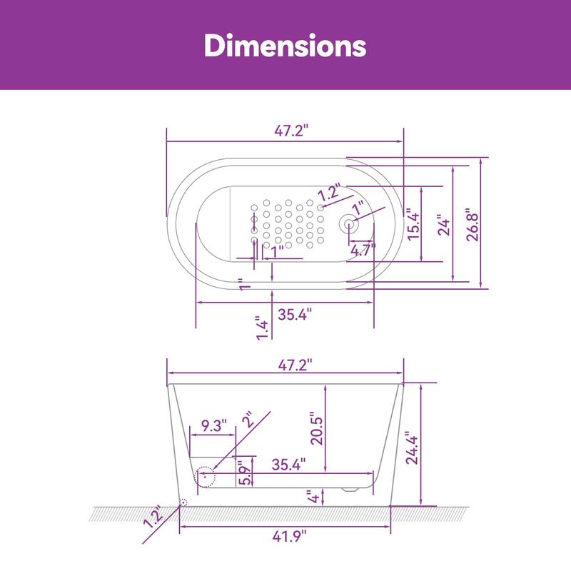 HOROW 47 x 26.8 Inch Soaking Bathtub with Side Drain White with Matte Black Trim