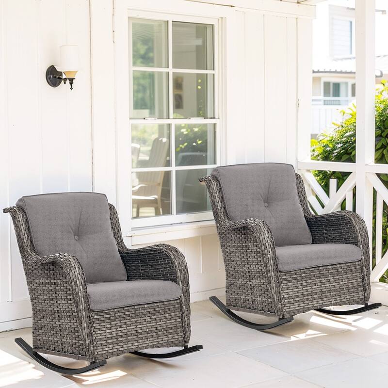 Outdoor Rocking Chair Rattan Rocker Chairs - 2PCS - Rocker Chair - Grey Rattan - Grey Cushion