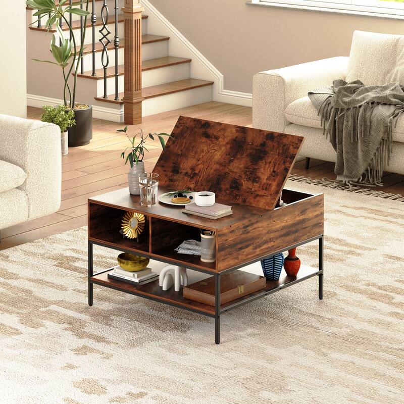 Flip-Top Coffee Table with Hidden Storage, Accent Table with Metal Leg, Center Table with Shelves