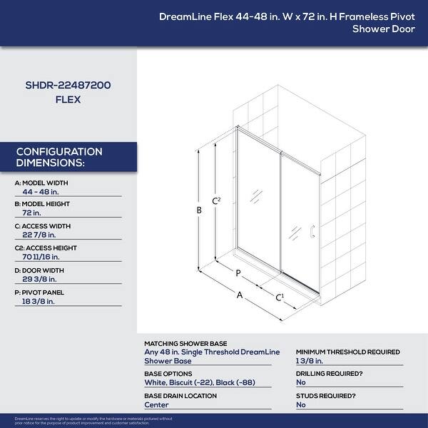Shop Dreamline Flex 38 60 In W X 72 In H Semi Frameless Pivot Shower Door Overstock 18689815