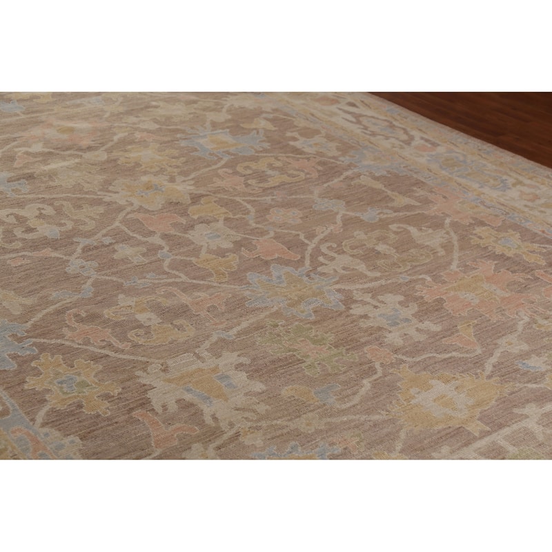 Floral Oushak Vegetable Dye Area Rug Hand-Knotted Brown Wool Carpet - 9'0"x 13'0"