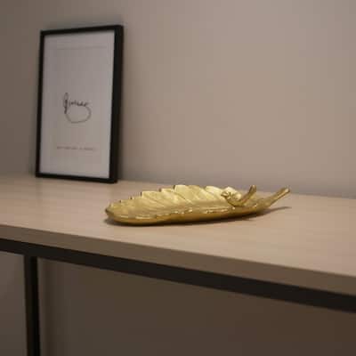 HomeRoots 10" Gold Cast Iron Leaf Vanity Tray - 9.50 in. x 1.50 in. x 4.00 in.
