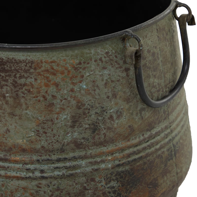 Metal Distressed Bucket Style Planter with Side Ring Handles - Set of 3 Bronze - Roche River Decor - 16"Wx16"Lx11"H