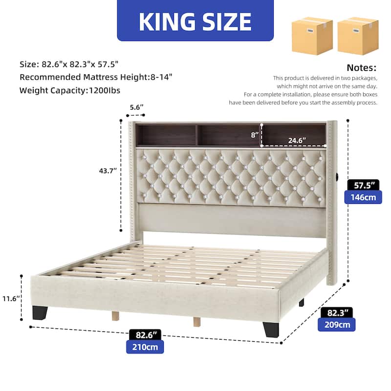 58" Tall Wingback Storage Headboard Bed Frame with USB Charging Stations and Deep Button Tufted - Beige - King