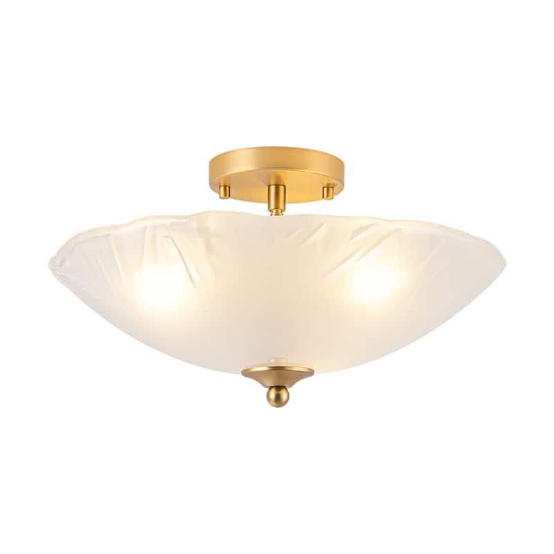 Mid-Century Brass Round Glass Bowl Semi Flush Ceiling Light 15in - Frosted Glass