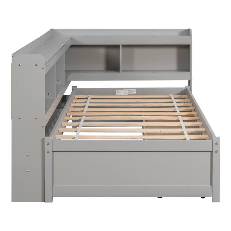Full Bed with L-Shaped Bookcase and Storage Drawers, Space-Saving Design