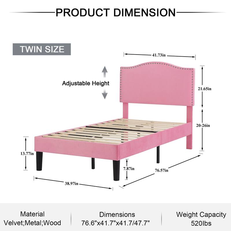 Javlergo Upholstered Platform Bed Frame with Adjustable Headboard, Strong Frame and Wooden Slats Support, Easy Assembly