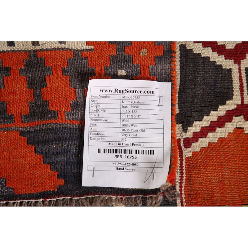 Red Kilim Qashqai Persian Vintage Rug Flatweave Wool Carpet - 5'1" x 9'11"