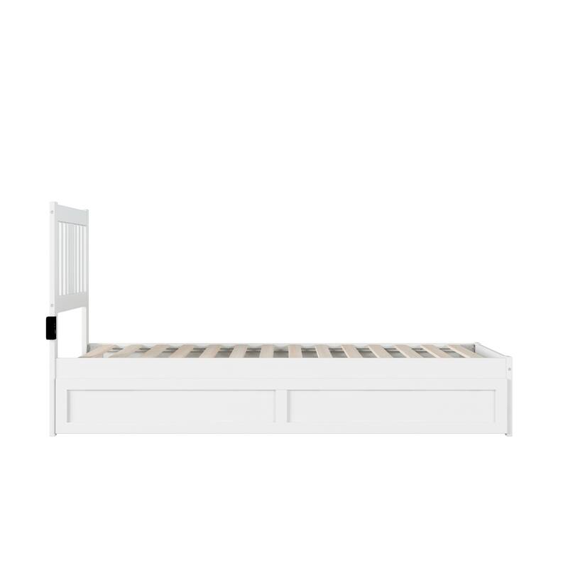Twin XL Bed with Drawer & USB Charger - Solid Wood Platform Bed Frame, Walnut Finish, Slat Kit Included