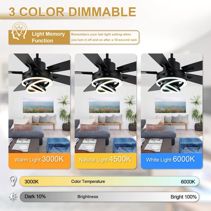 Cusp Barn 52"/72" Modern Large Dimmable LED Ceiling Fan with Lights and Remote, Reversible 8-Blade DC Motor DIY Shape Chandelier